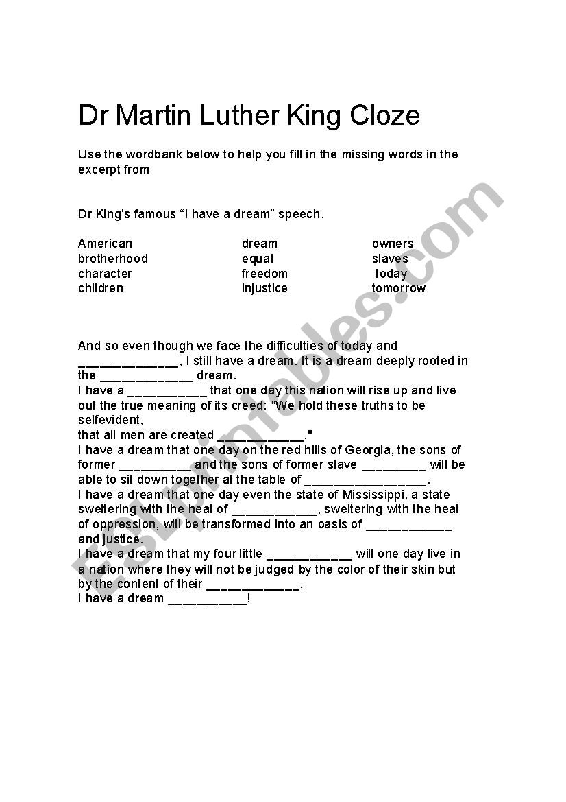 Martin Luther King Clothe worksheet