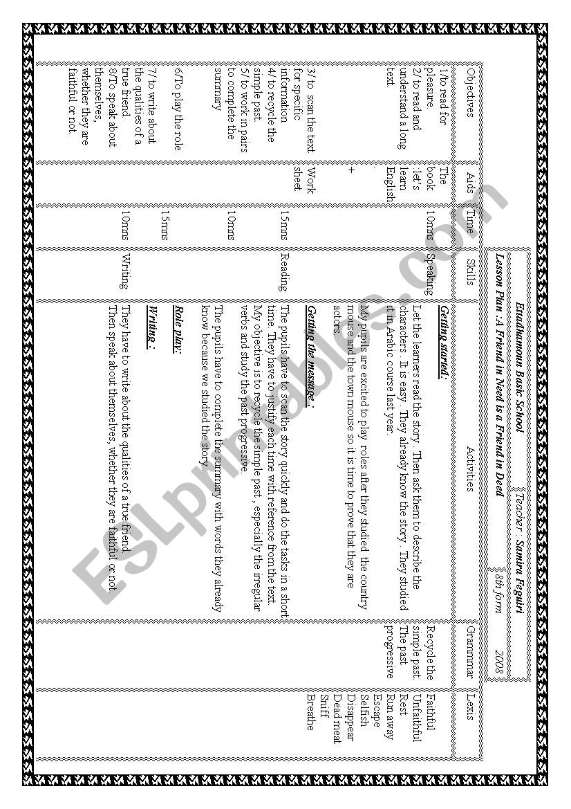 LESSON PLAN FRIEND IN NEED IS FRIEND IN DEED