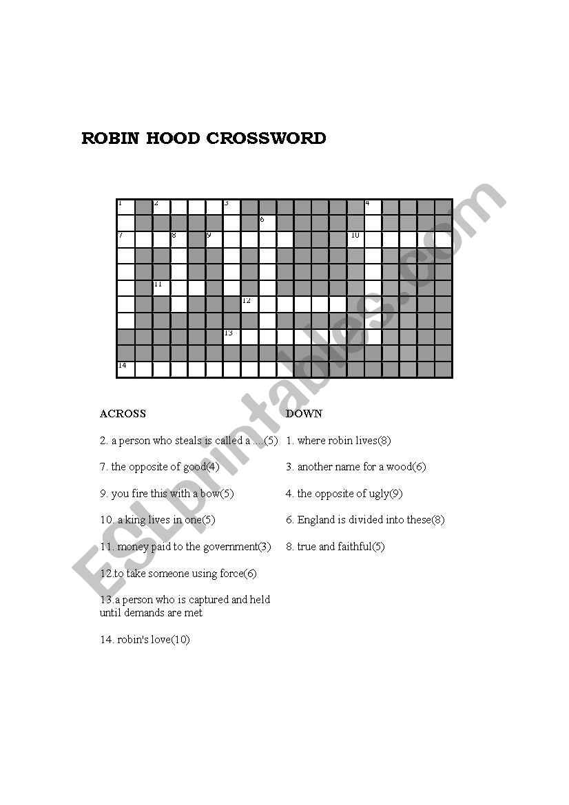 ROBIN HOOD CROSSWORD worksheet