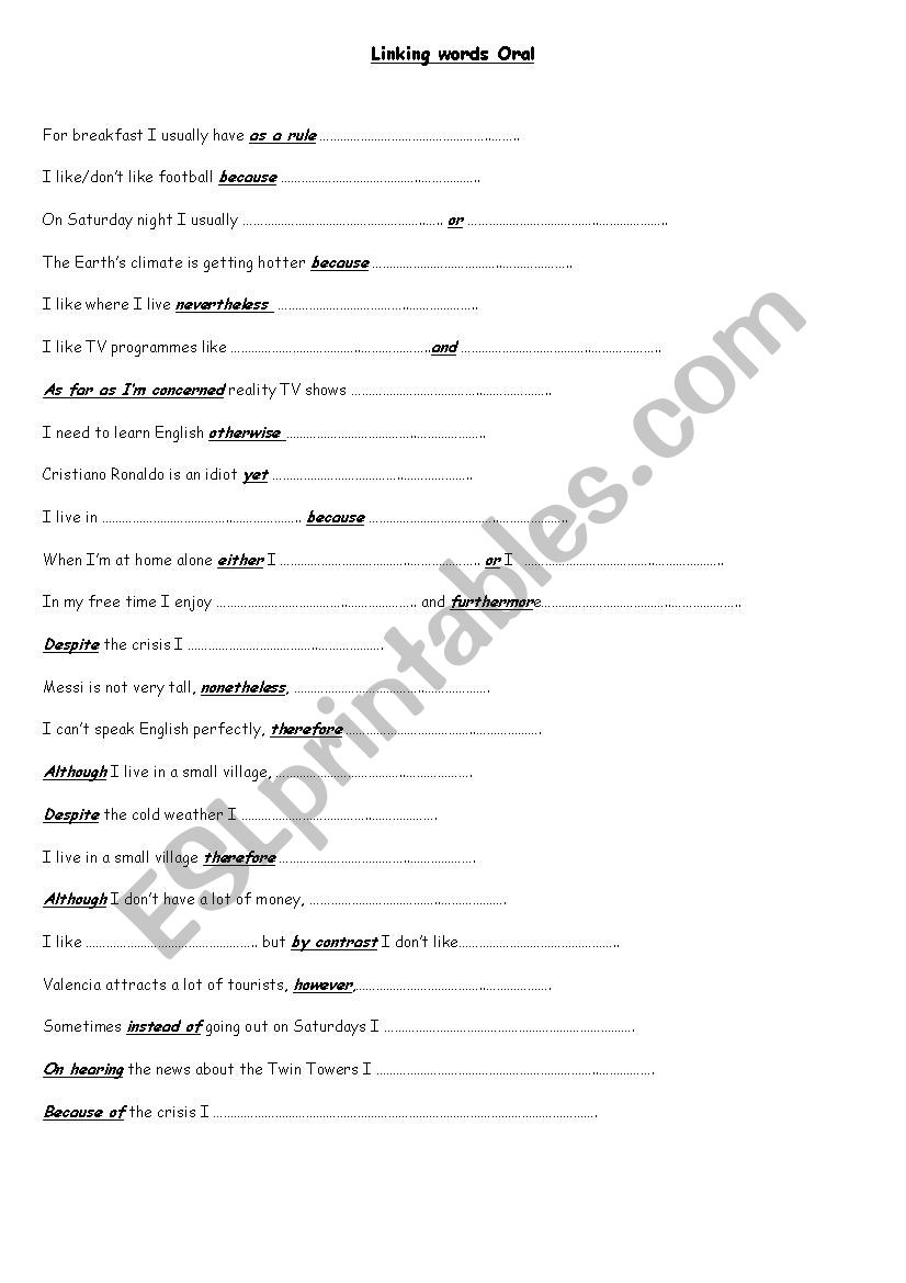 linking words oral practice worksheet