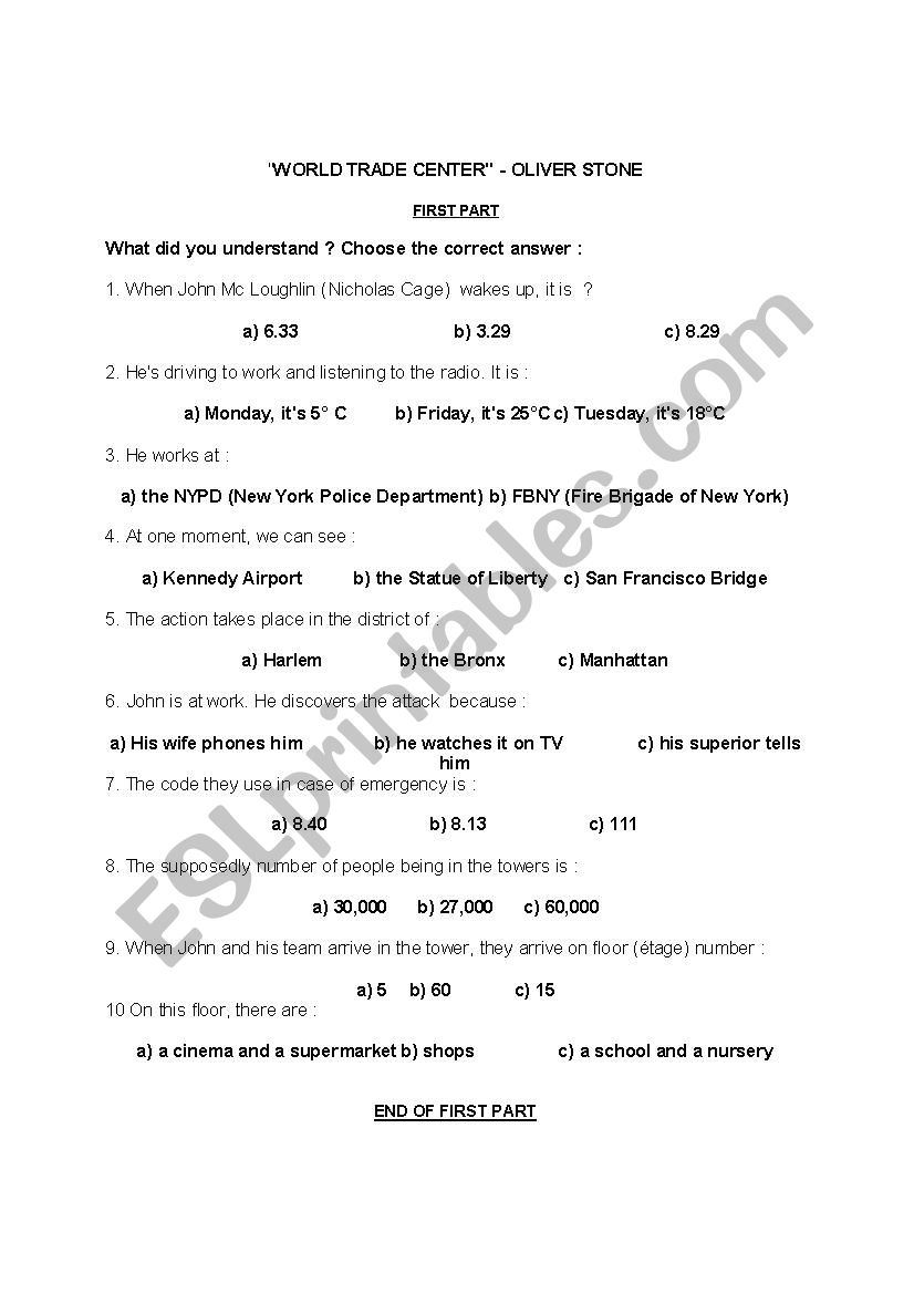 World Trade center worksheet