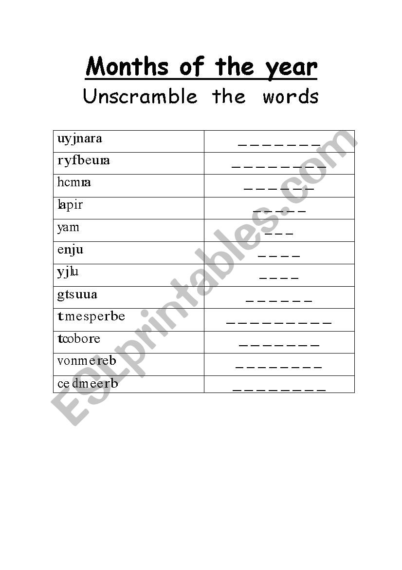 Unscramble  the words worksheet