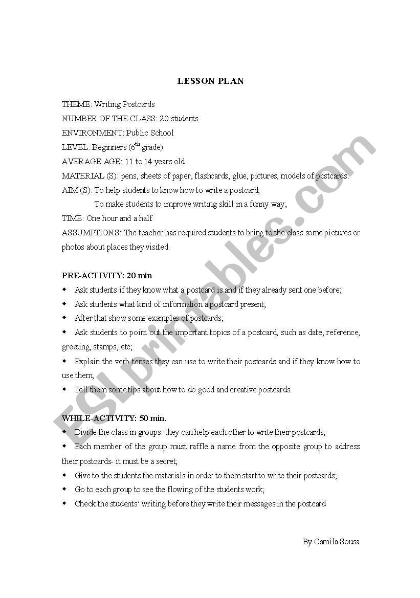 WRITING POSTCARDS worksheet