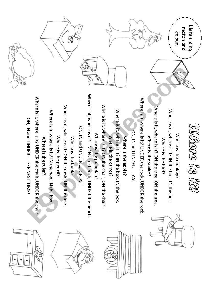 Prepositions of place song 2 worksheet