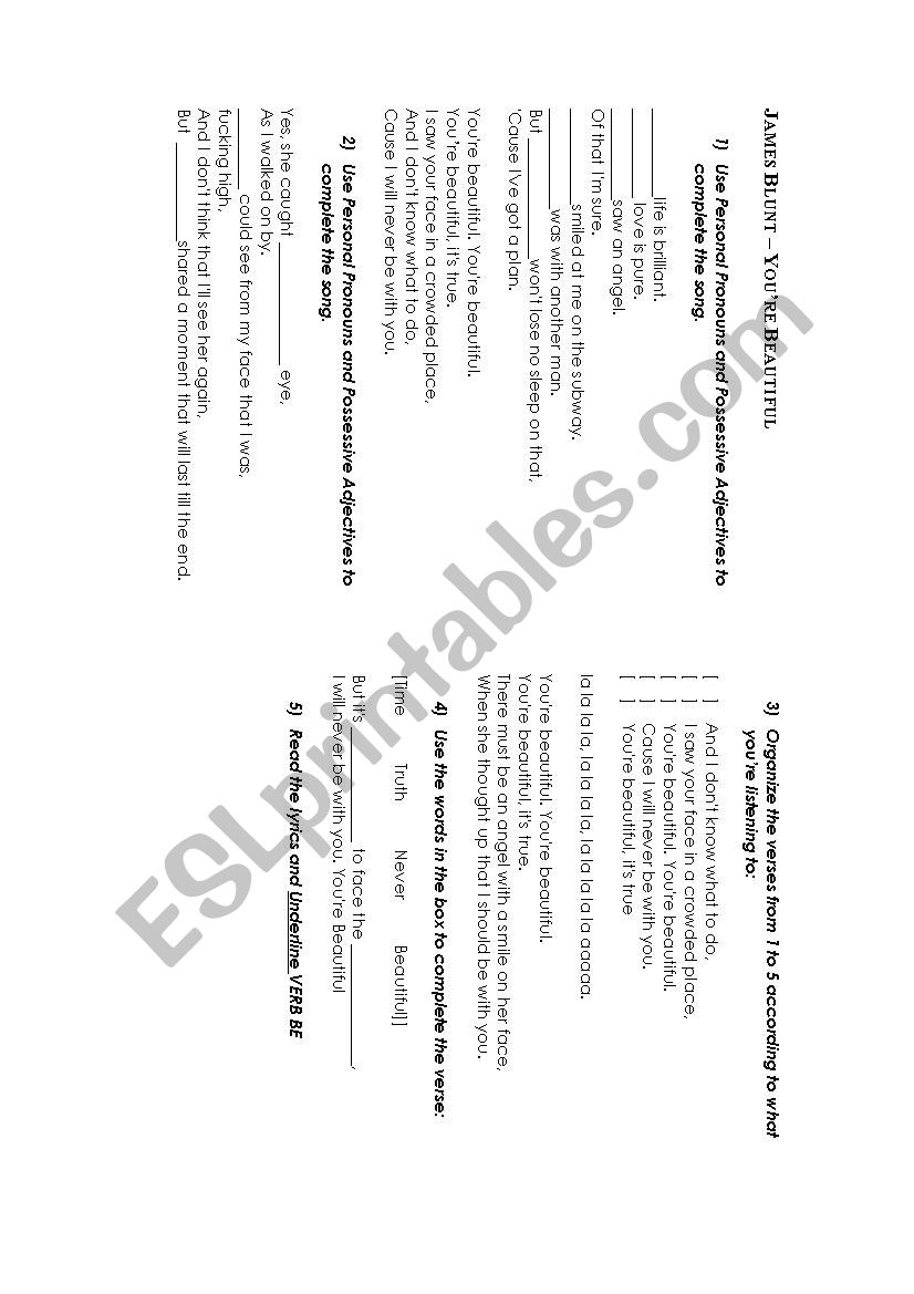 James Blunt - YouÂ´re Beautiful. Lyrics Activity