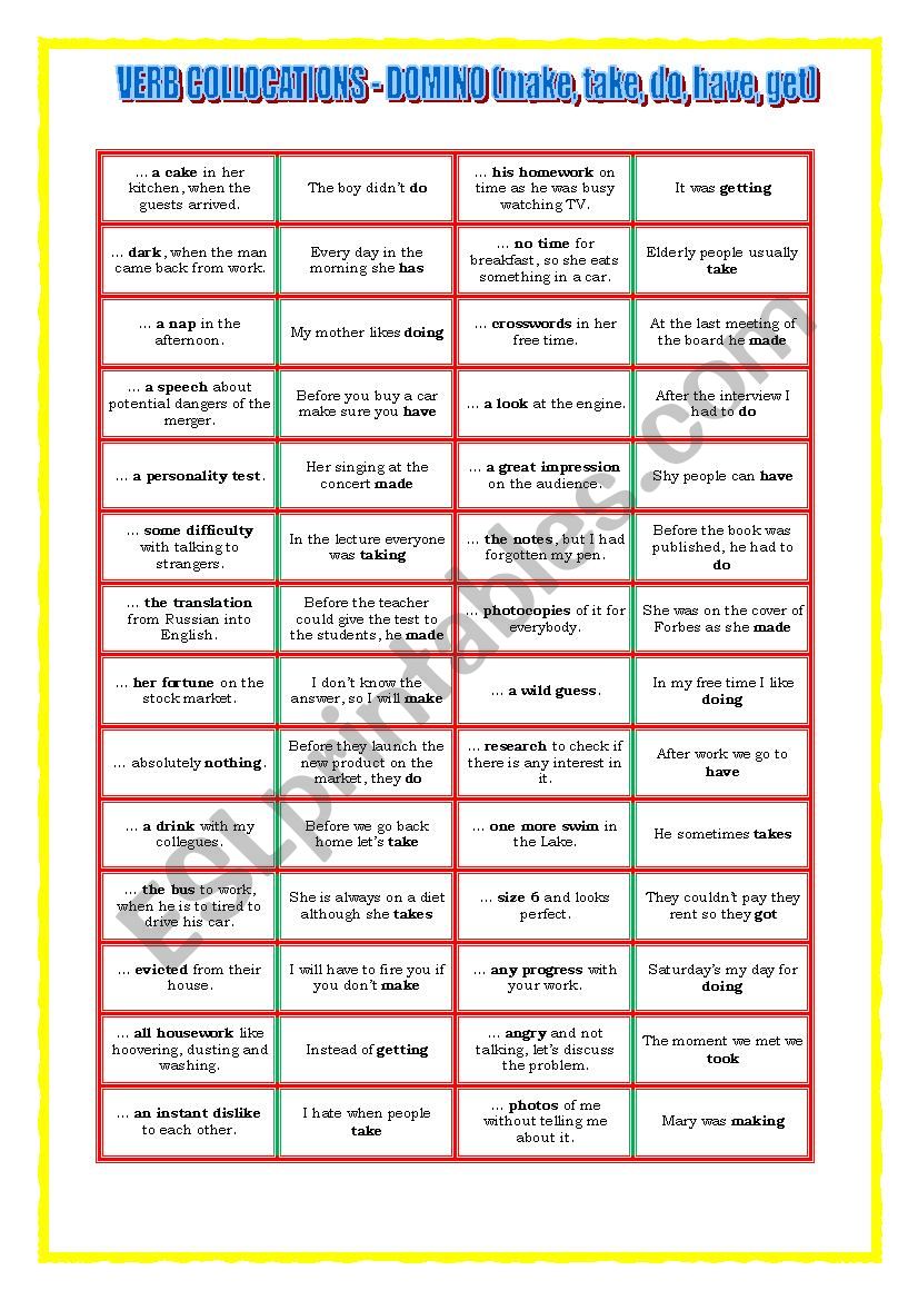 Verb collocation - domino worksheet