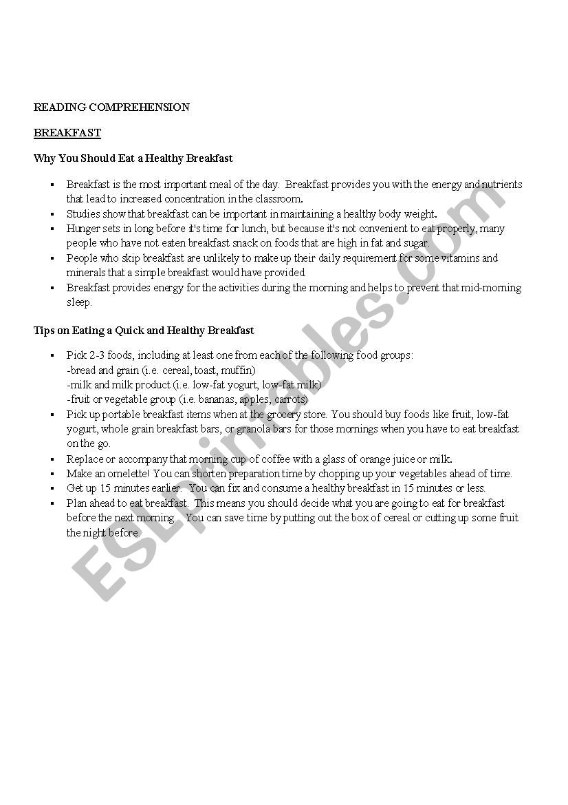 Breakfast worksheet