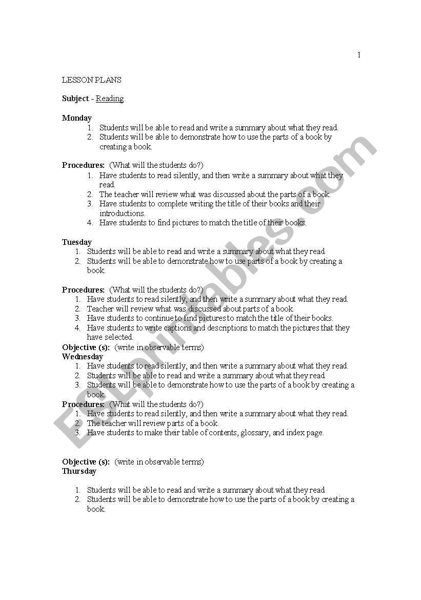 Parts of a book worksheet