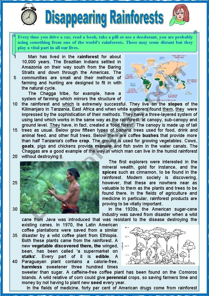 DISAPPEARING RAINFOREST.  Reading + varied comprehension ex + Key and teacherÂ´s extras