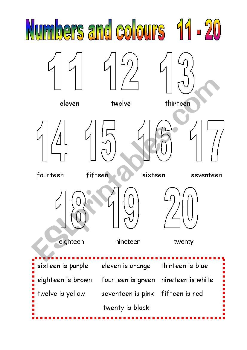 Numbers and Colours 11 - 20 worksheet