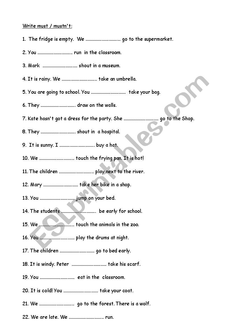 Must Or MustnÂ´t worksheet