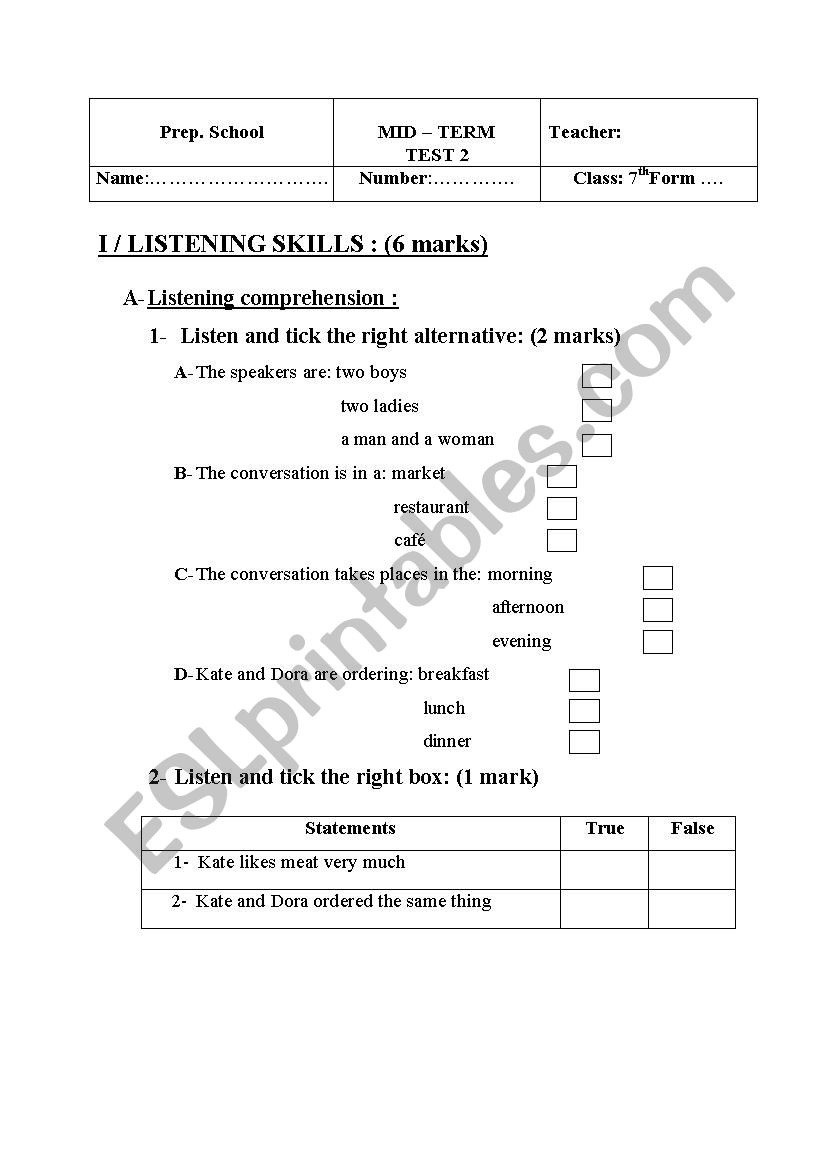 Mid test 2 7th form worksheet