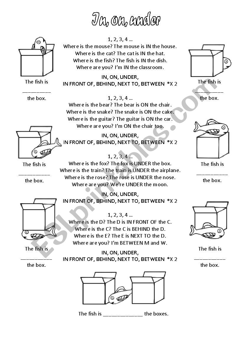 Prepositions of place song 3 worksheet