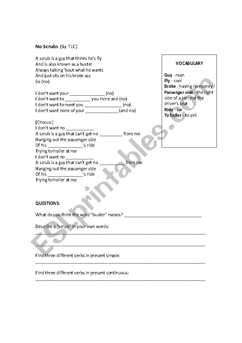 No Scrubs - TLC worksheet