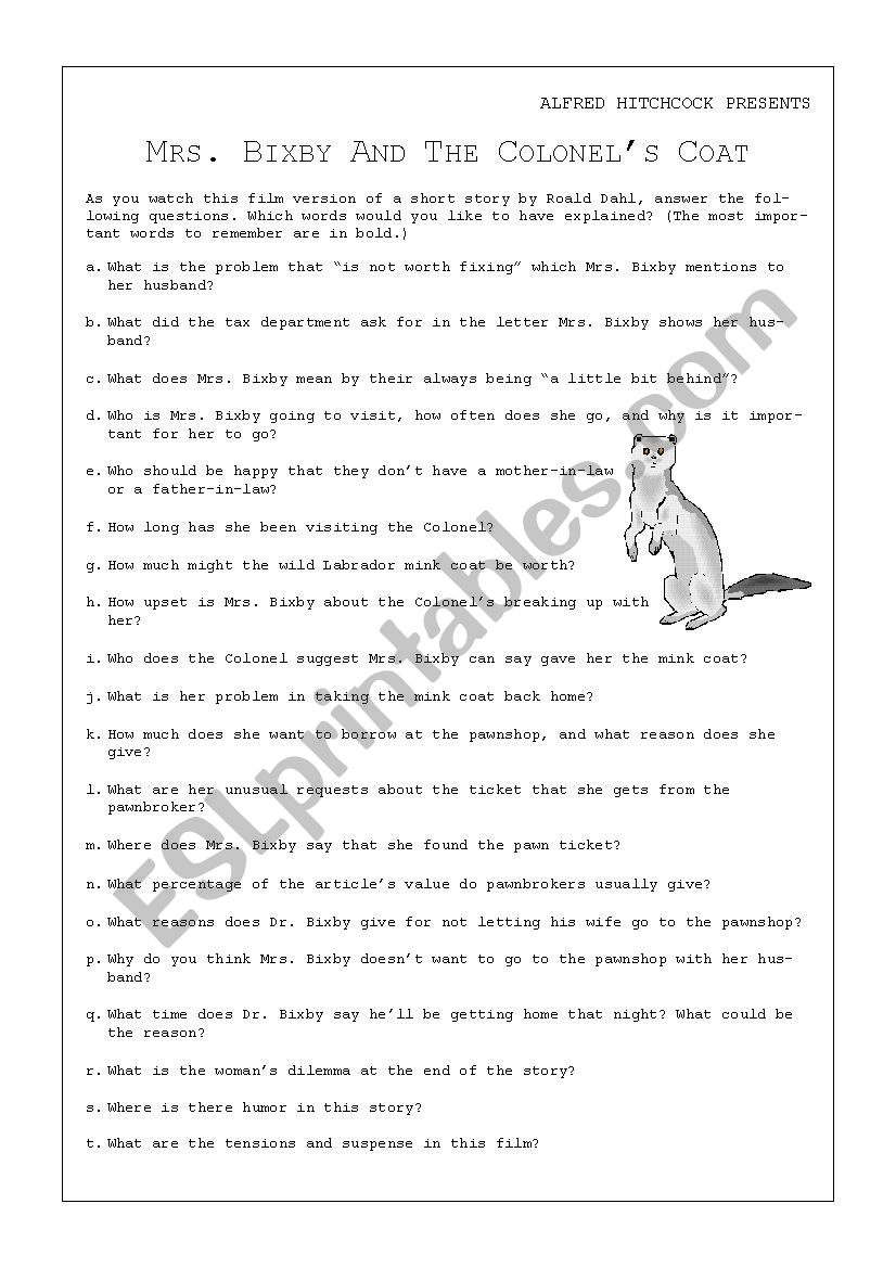 Mrs. Bixby and the Colonel's Coat - ESL worksheet by