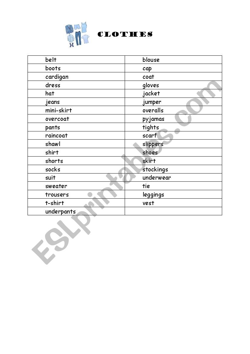 List of vocabulary categorized