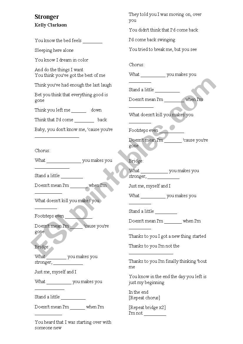 Stronger - Kelly Clarkson worksheet