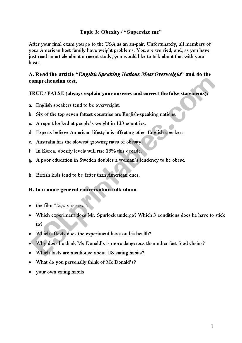 obesity, supersize me worksheet