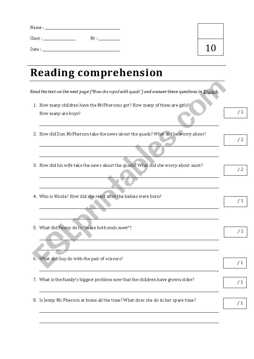 Reading comprehension - Quads worksheet