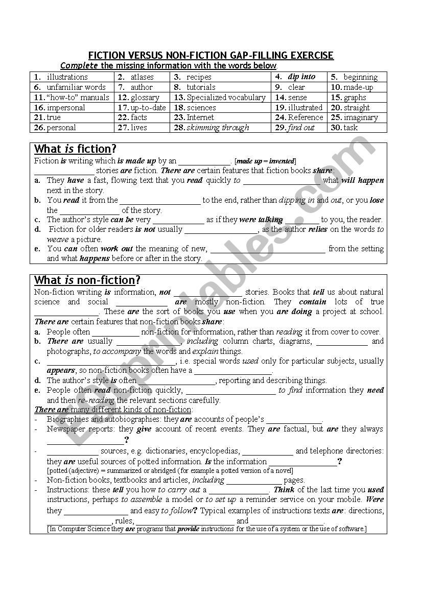 FICTION AND NON-FICTION FEATURES GAP EXERCISE AND KEY