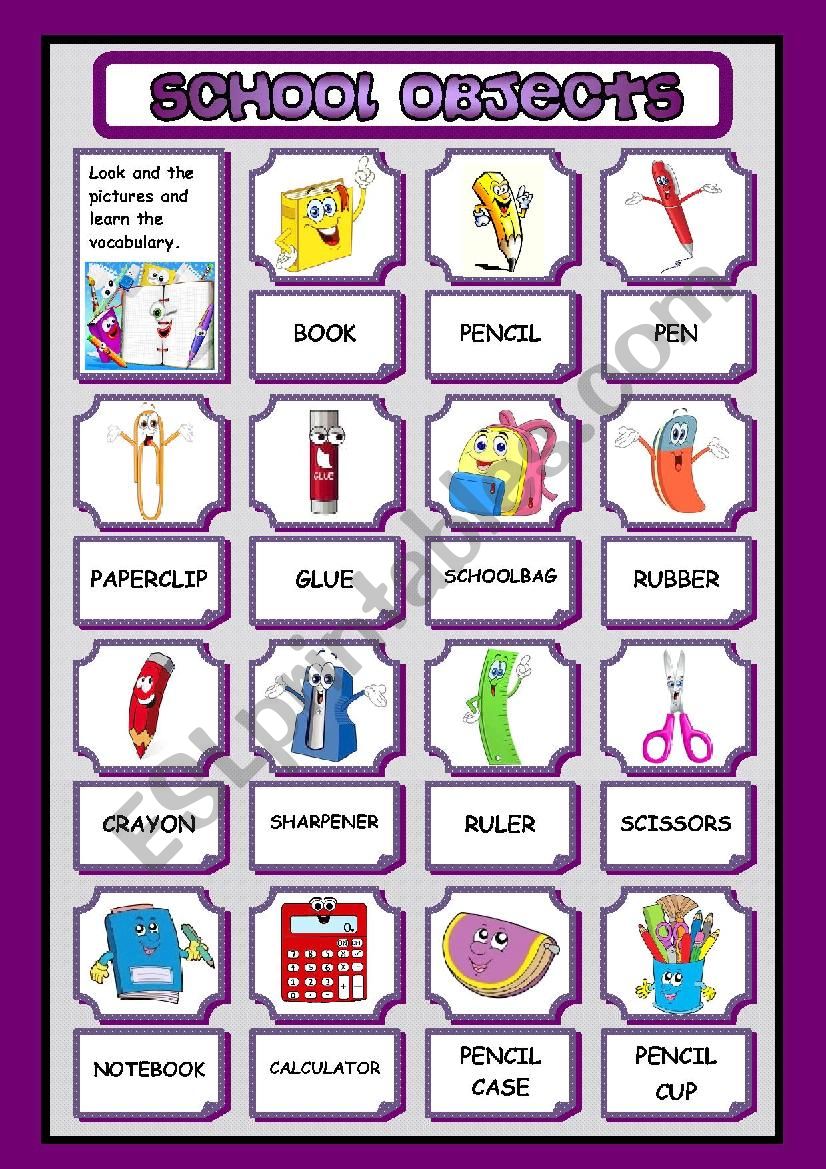 SCHOOL OBJECTS - PICTIONARY worksheet