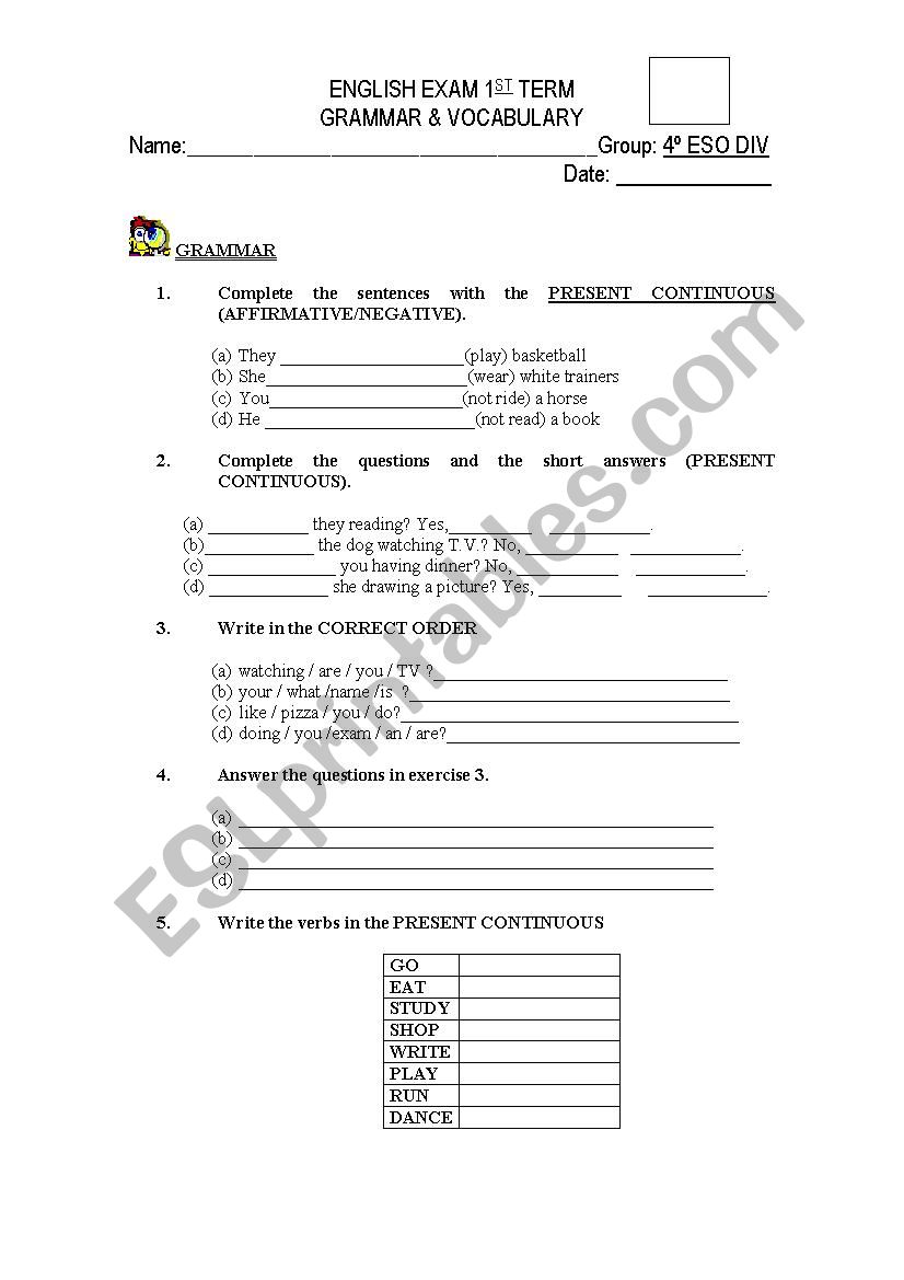 PRESENT CONTINUOUS TEST worksheet