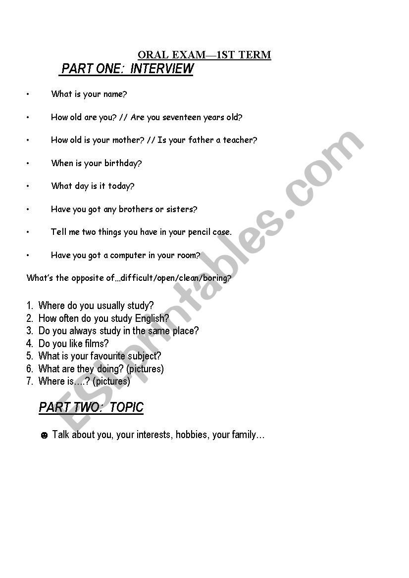 ORAL EXAM worksheet