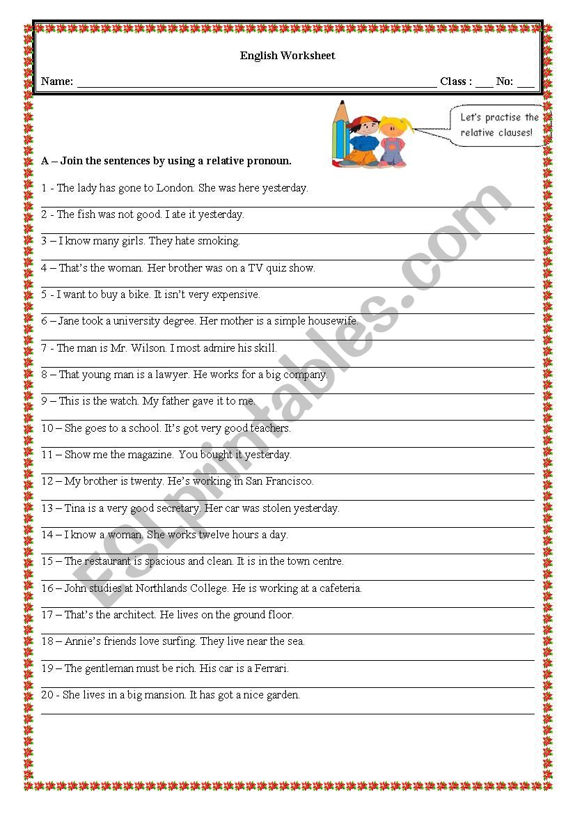 Relative Clauses (With Key) worksheet