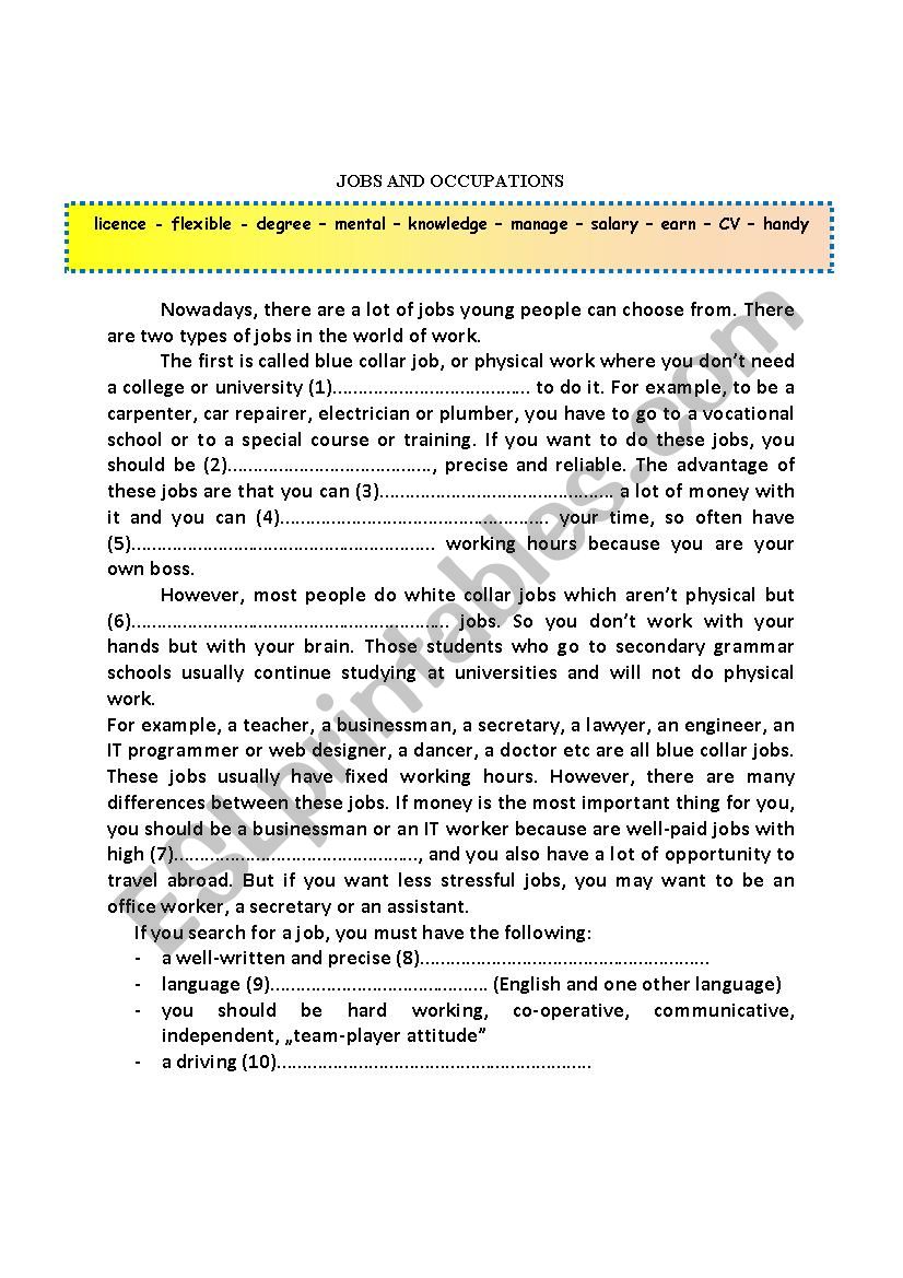 Jobs and Occupations (Topic Elaboration for Pre-Intermediate Students)