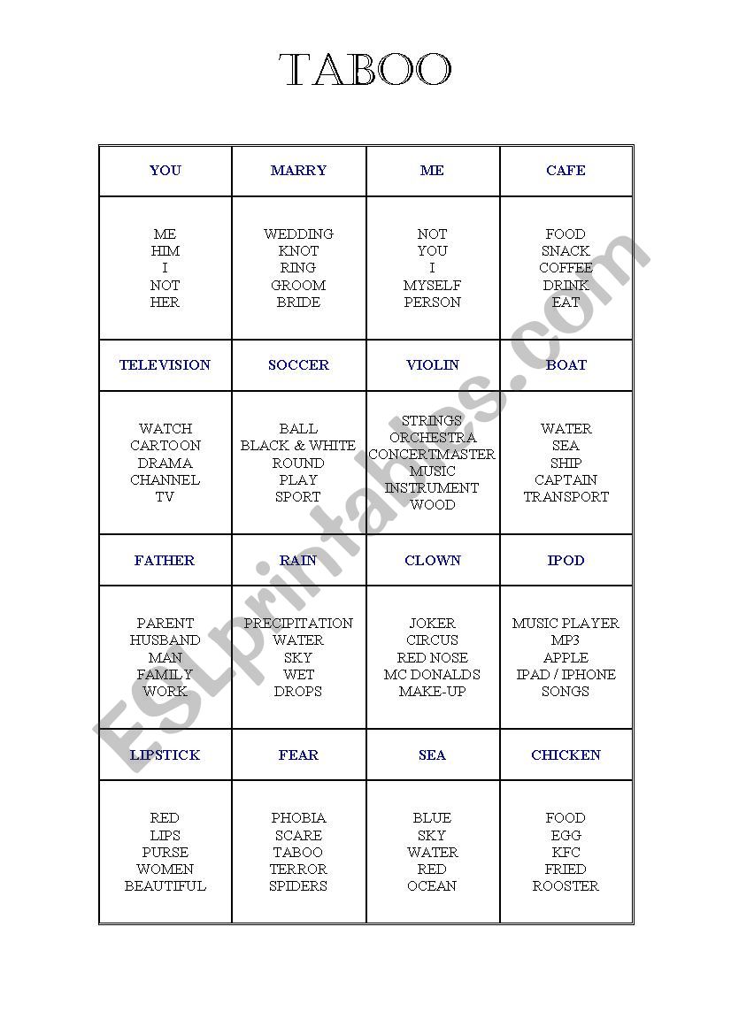 taboo cards worksheet