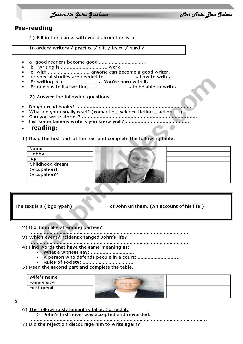 john grisham worksheet