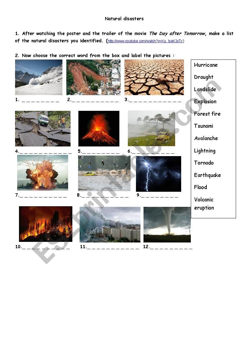 Natural disasters worksheet