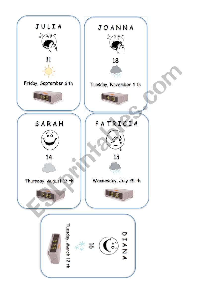 Set of cards (girls) worksheet