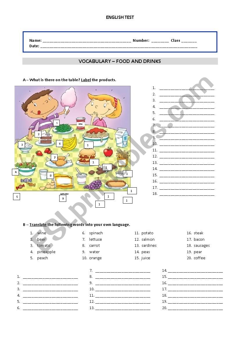 Food and Drinks - Vocabulary test