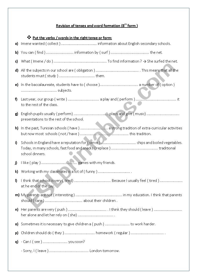 Revision of tenses and word formation ( 8th form)