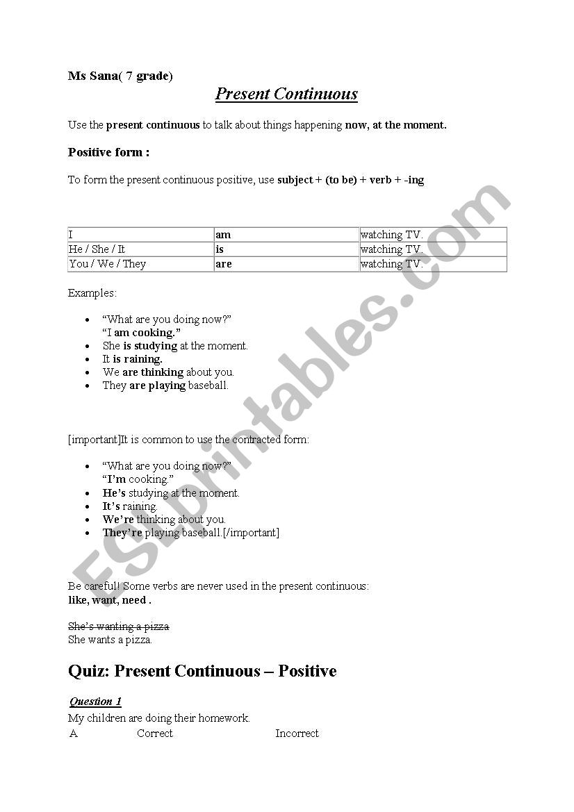 Present continuous worksheet