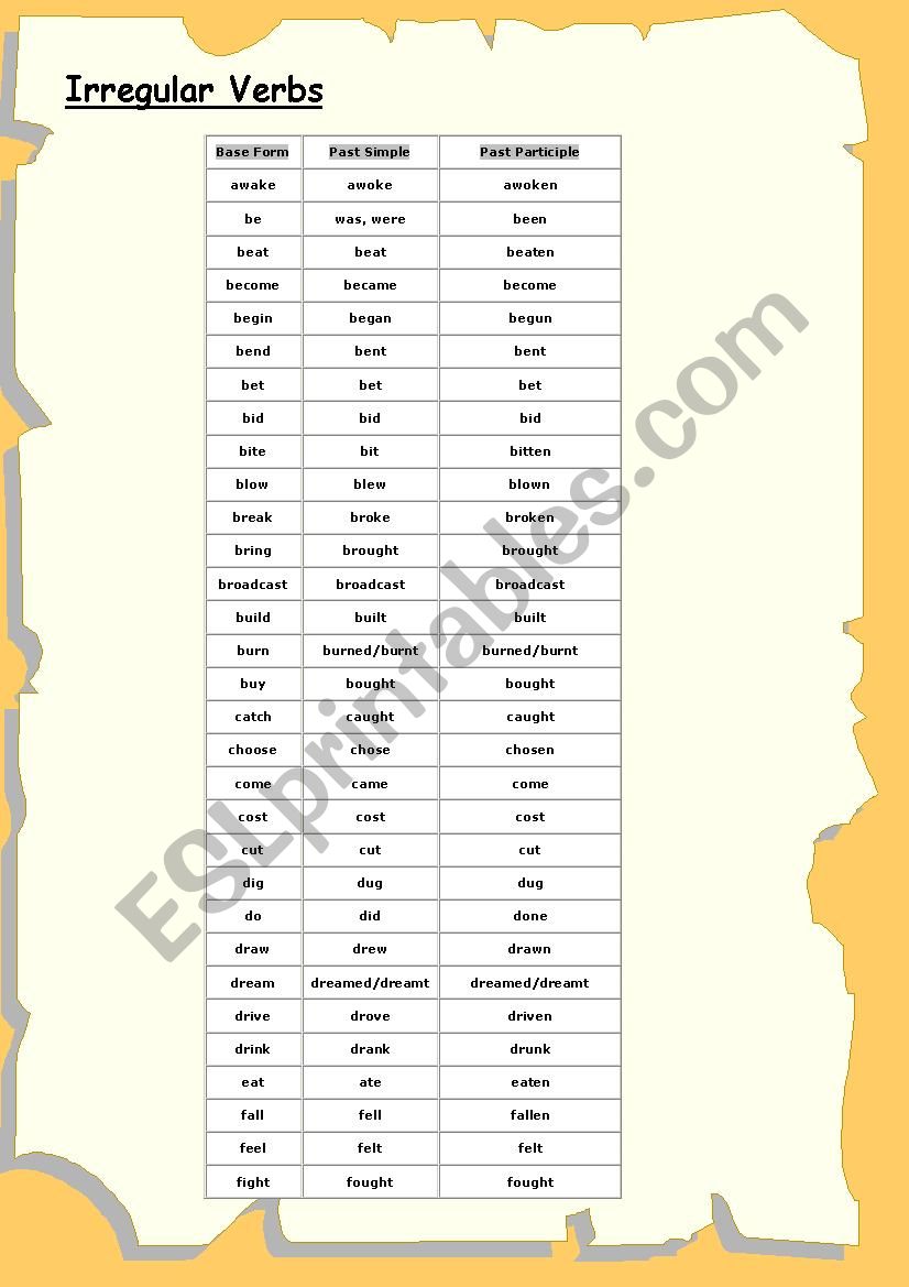 irregular verbs worksheet