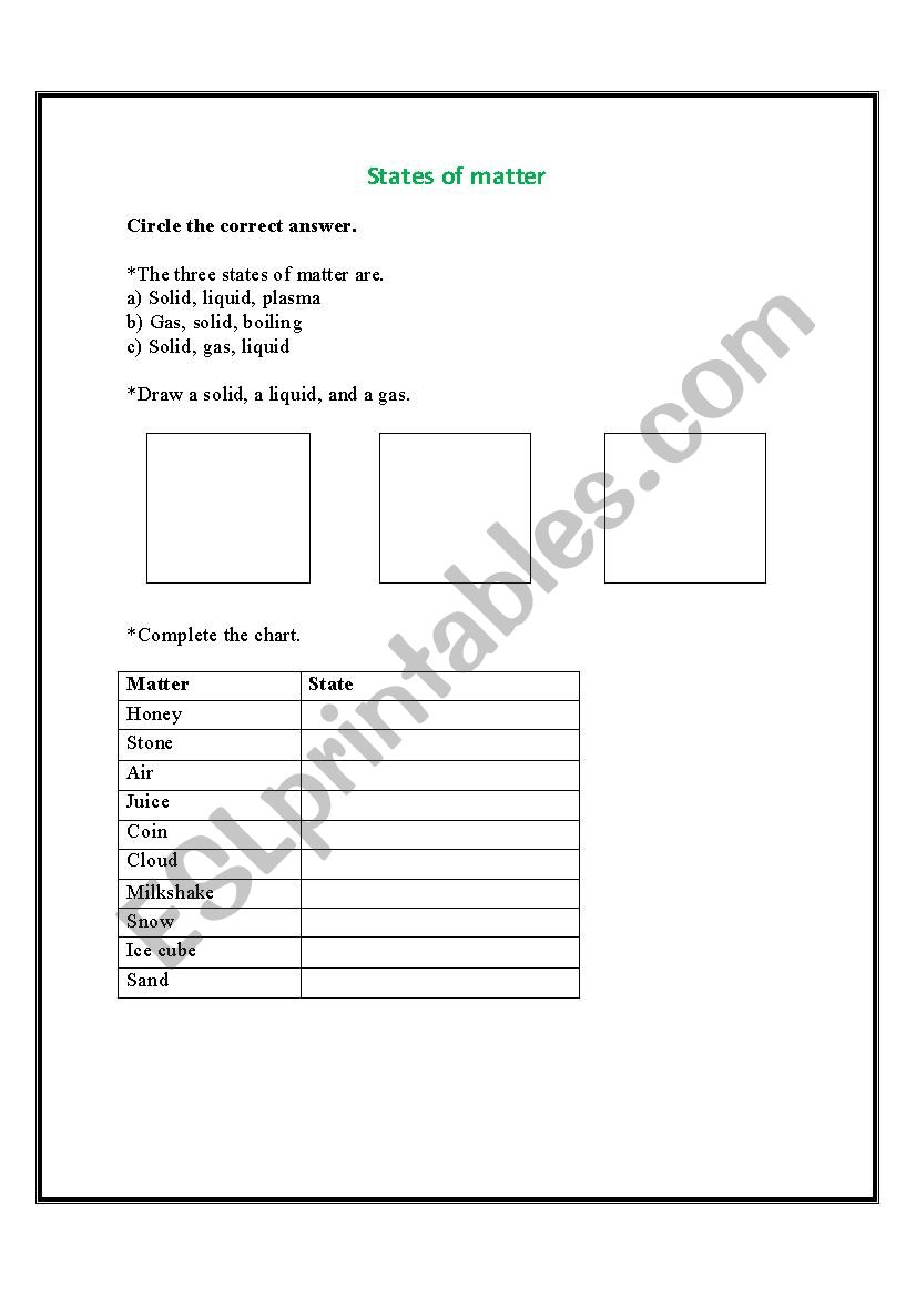 States of mater worksheet