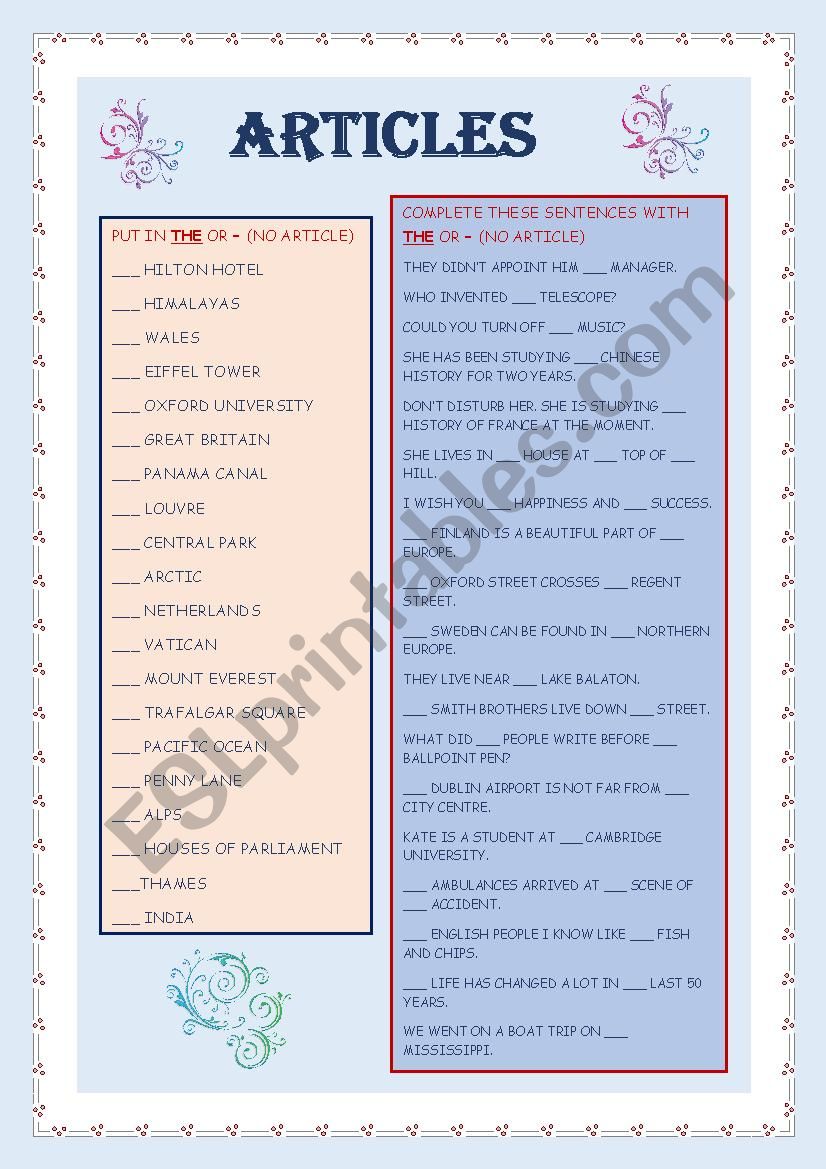 Articles worksheet