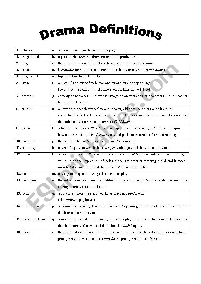 DRAMA GLOSSARY MATCHING ACTIVITY with Answer key