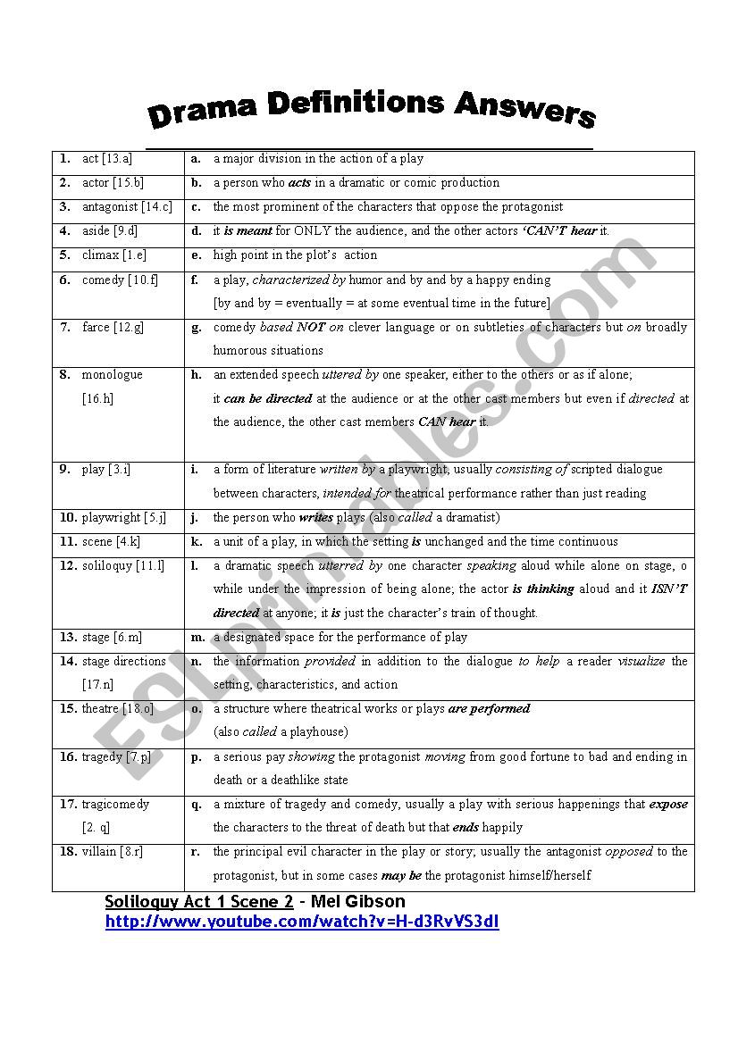 Drama Glossary Matching Activity With Answer Key Esl Worksheet By Morenopalomares
