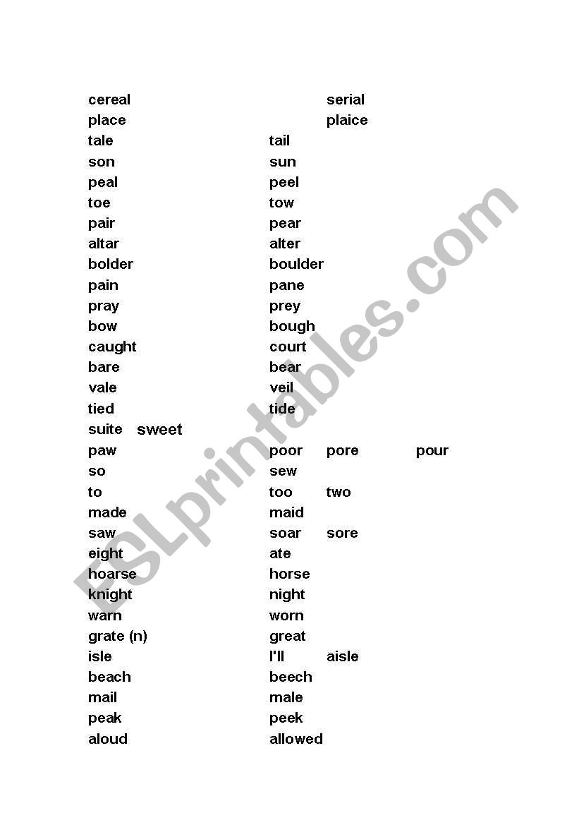 Homophones worksheet