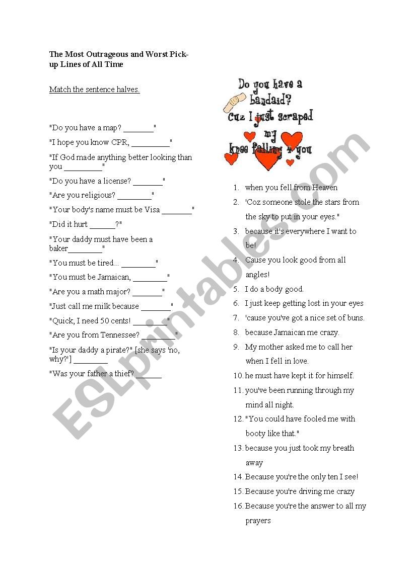 The worst pick up lines ever worksheet