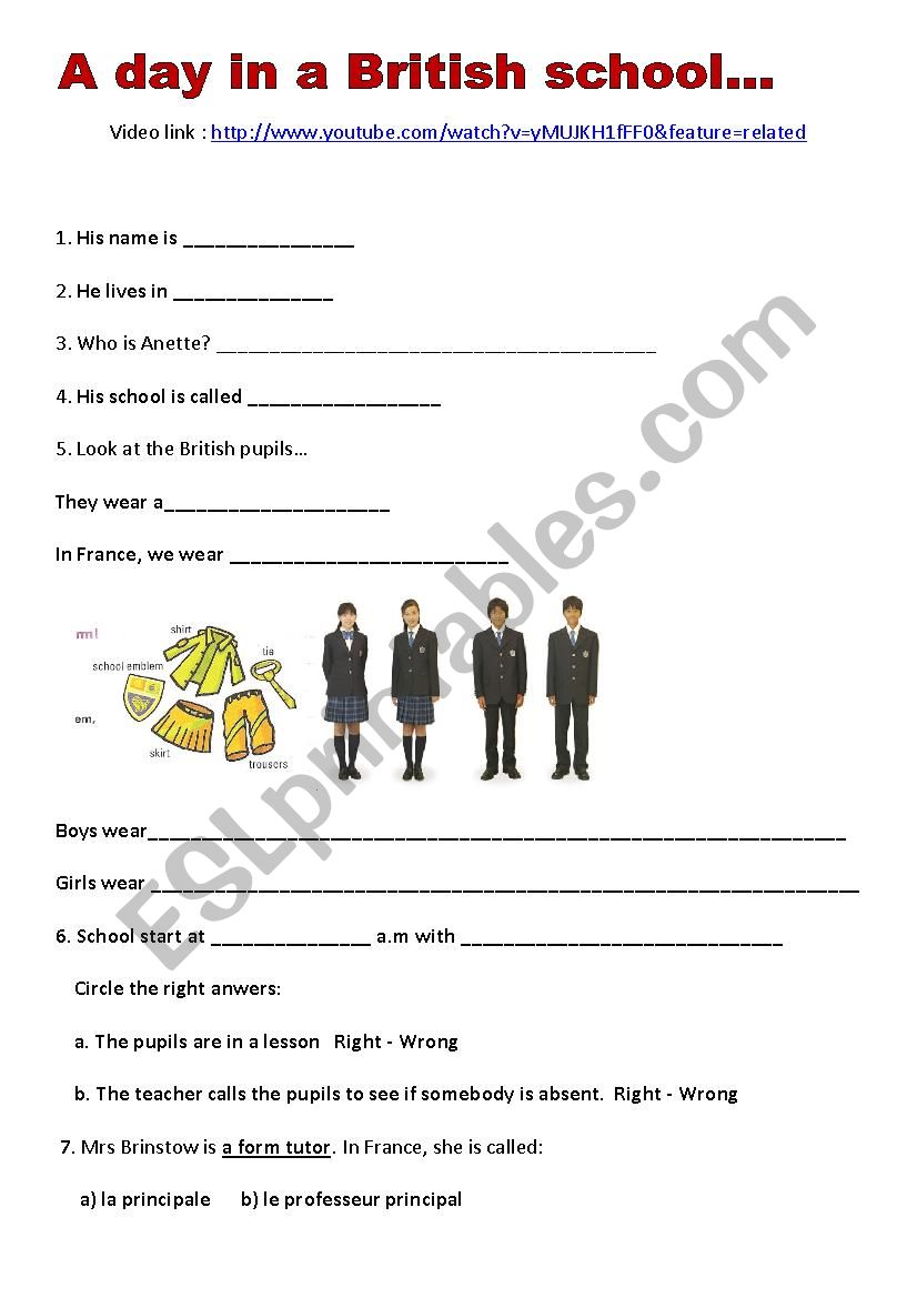 A day in British School : worksheet + vidÃ©o link