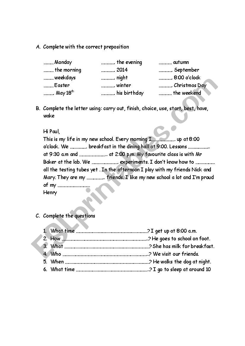 Prepositions - Present Simple worksheet