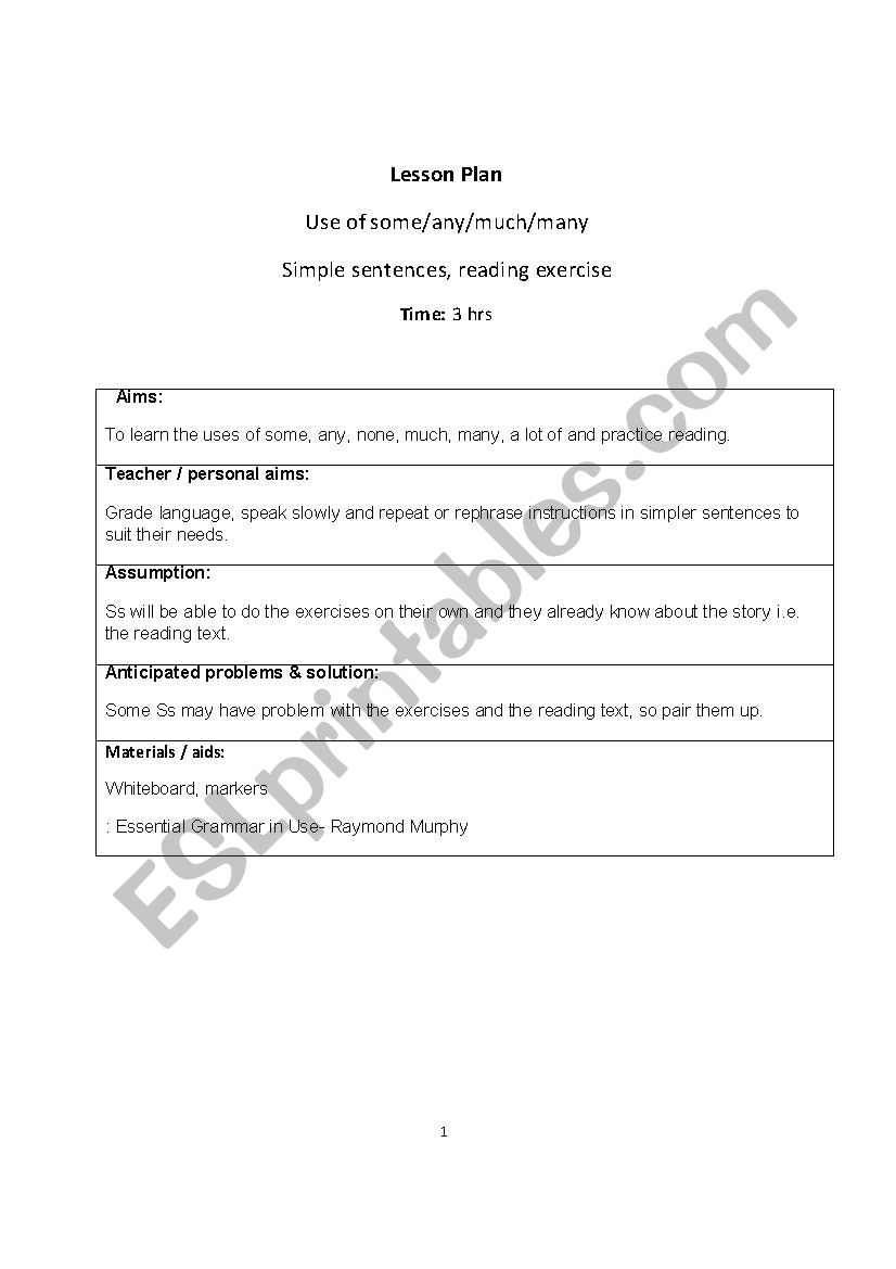 Lesson Plan Use of some/any/much/many Lesson Plan Use of some/any/much/many
