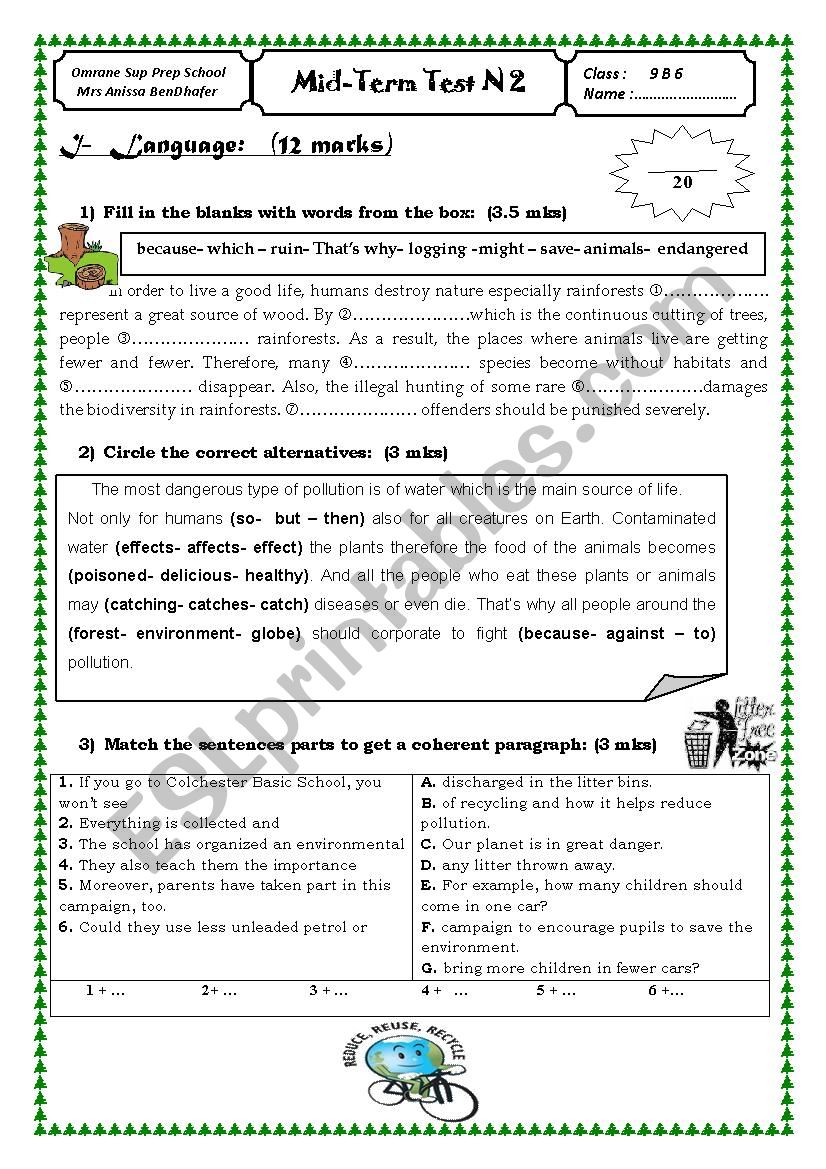 Mid-Term Test 2 (9th form) worksheet