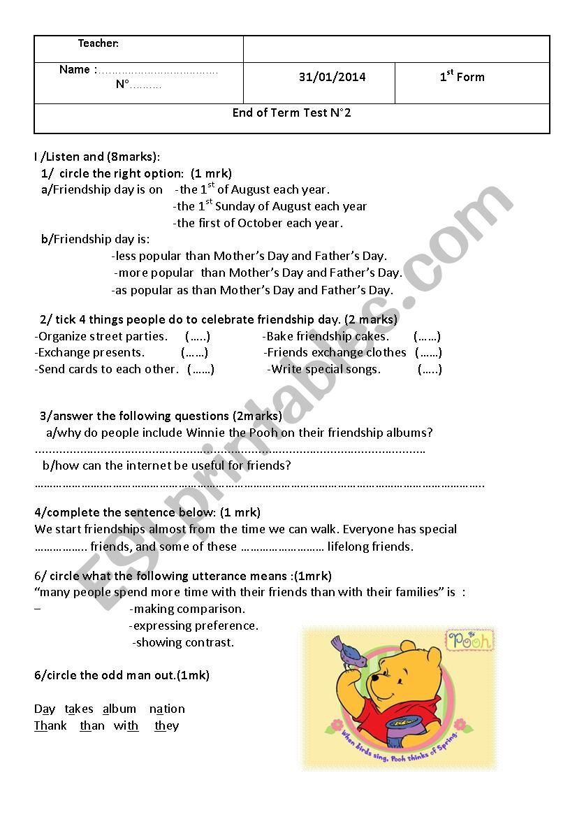 mid-term test 2 1st form worksheet