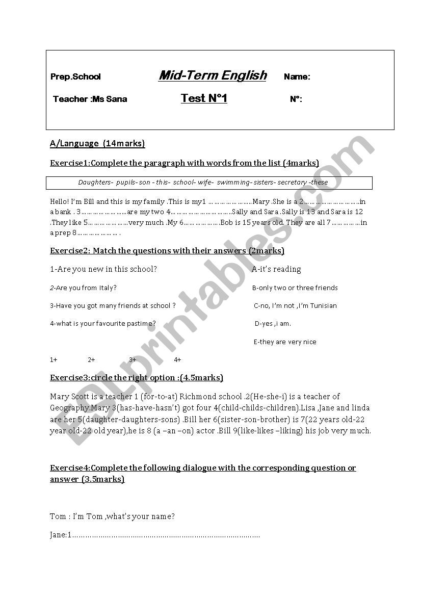 test exam worksheet