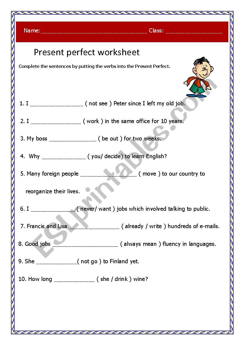 Present Perfect Worksheet worksheet